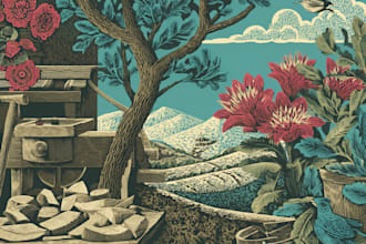 draw a vintage art illustration with linocut style