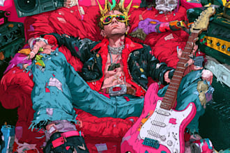 do a unique pop rock, punk, metal album cover art