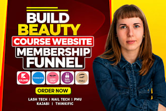 beauty online course website, lash pmu nail tech, kajabi thinkific course funnel