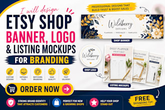 design etsy shop banner logo and listing mockups for branding
