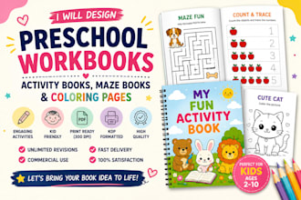 design preschool workbook, activity book, kids maze book, and coloring pages