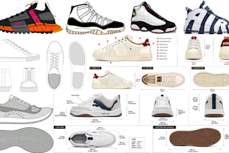 make a custom shoe designs, footwear, sneakers, concept sketches and tech pack