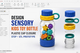 do sensory kids toy bottle, plastic cap closure step stl prototype in fusion 360