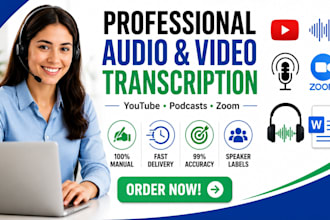 transcribe audio, video, youtube, interviews podcast or zoom transcription