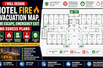 design hotel fire evacuation map, fire escape, emergency exit and egress plans