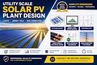 design utility scale solar pv plant, layout, energy yield and grid connection