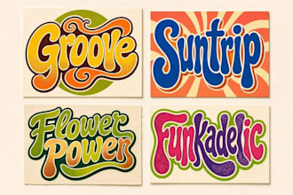 design 70s retro, psychedelic, hippie, funky font typography logo