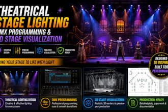 create theatrical lighting design, 3d event stage setup and dmx programming