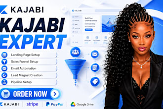 setup kajabi landing page, sales funnel, email automation, lead magnet, pipeline