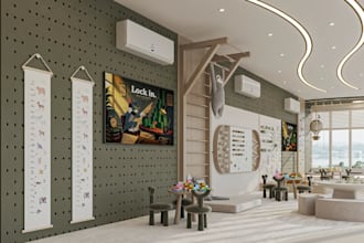 render3d indoor playground,kids activity room,daycare design,wall panel,ball pit