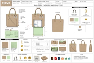 create handbag tote bag backpack tech pack with technical flat for manufacturing