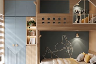 cgi japandi kids room,kids cozy bedroom layout,3d children play area,walkthrough