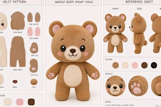 draw custom plush toy reference sheet and stuffed animal design