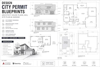 design city permit blueprints, architect house plans, adu, site plan and garage