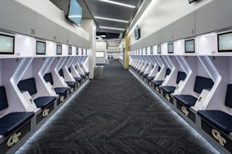 design a 3d locker room, changing hub, and sports facility