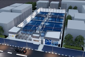 design 3d padel club, racket, pickleball, sports courts, indoor facility, arena