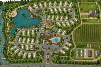 design site plan for rv park resort, campground, farm, 2d 3d landscape rendering