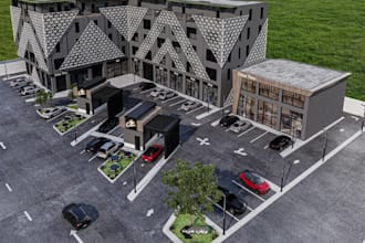 sketchup3d commercial building,drive thru,aerial view render,coffee house render