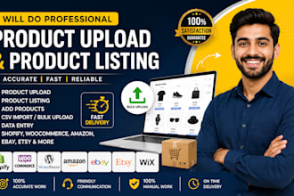 shopify product upload, product listing, woocommerce, etsy, ebay and amazon