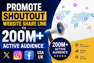 promote shoutout website share link to 200m active twitter ig,fb audience usa uk