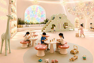 modern 3d classroom for kids,montessori nursery space render,kid playarea layout
