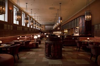 do 3d restaurant interior render, wine bar, furniture design, commercial kitchen