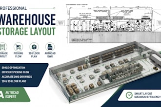 design warehouse storage layout, picking flow, 3d autocad dwg floor plan