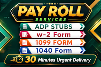 prepare adp payroll , stubs , paycheck , w2, 1099 and 1040