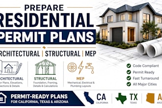 prepare stamped residential permit plans architectural structural mep ca tx az