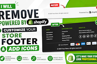 remove powered by shopify, customize your store footer and add icons