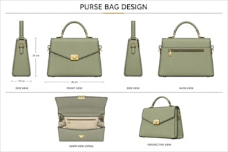 womens luxury handbag tech pack, flatsketch concept and handbag wallet pattern