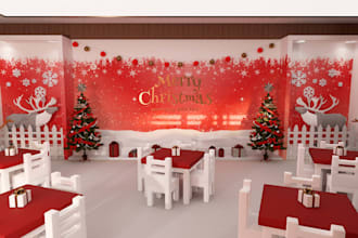 visualize 3d christmas shop counter,christmas store design,event space rendering