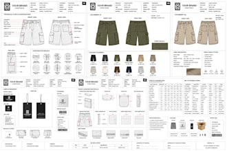 create cargo pants tech pack, joggers tech pack and shorts for production