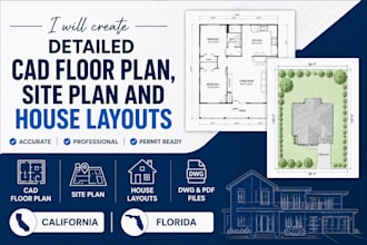 create detailed cad floor plan site plan and house layouts for california, fl