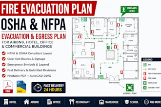 design osha nfpa fire evacuation plan and egress plan for airbnb, hotels, office