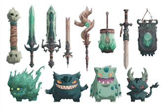paint concept art of items, weapons and creatures