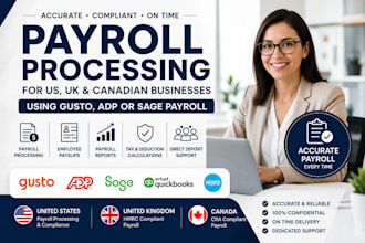 process payroll for US, UK, canadian businesses using gusto, adp or sage payroll