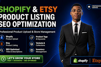 do shopify and etsy product upload SEO listing optimization and store management