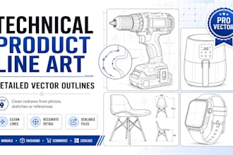 draw technical product line art and detailed vector outlines