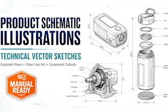 create product schematic illustrations and technical vector sketches