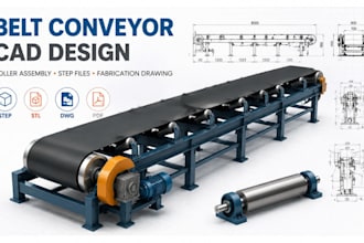 design belt conveyor cad, roller assembly, step files and fabrication drawing
