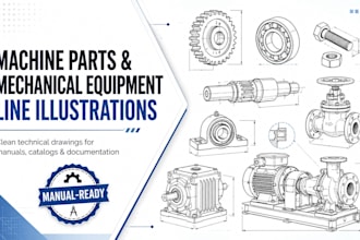 draw machine parts and mechanical equipment line illustrations
