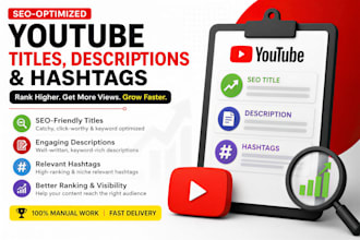 write SEO youtube titles descriptions and hashtags