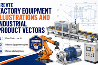 create factory equipment illustrations and industrial product vectors