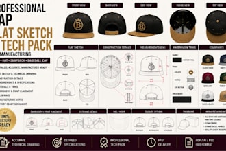 create a professional cap flat sketch and tech pack for manufacturing