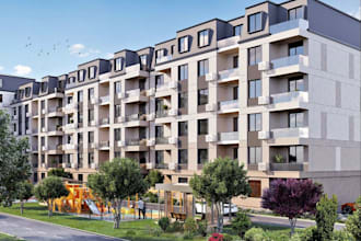 turn 2d plan to 3d apartment complex, housing external design, hardscape renders