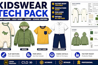 create kidswear tech pack for baby romper kids tshirt hoodie and school uniform