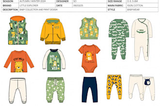 create kidswear tech pack for baby romper kids tshirt hoodie and school uniform