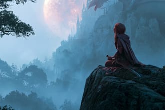 draw a modern fantasy album cover illustration