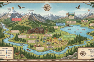 design unique custom hiking resort map, hotel map, campground and tourist map